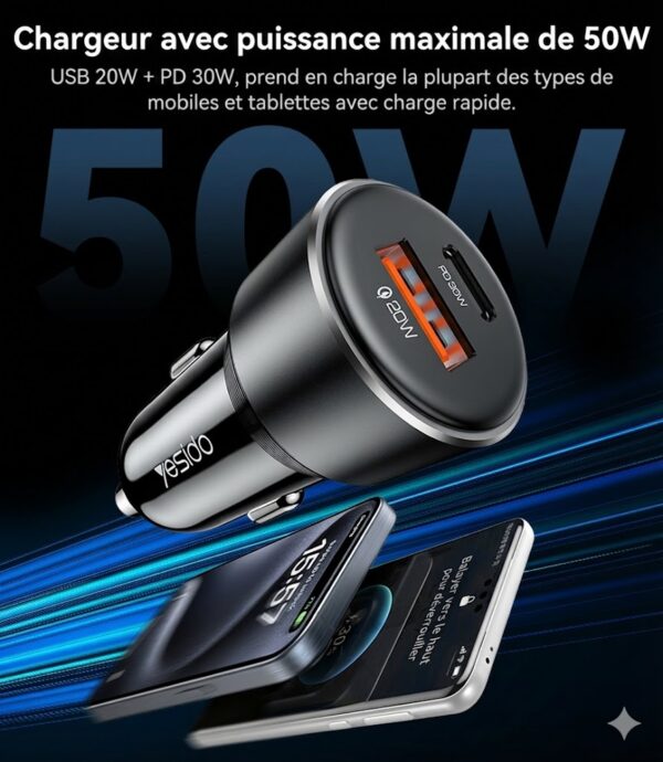 Chargeur Voiture Rapide 50W - USB & Type-C